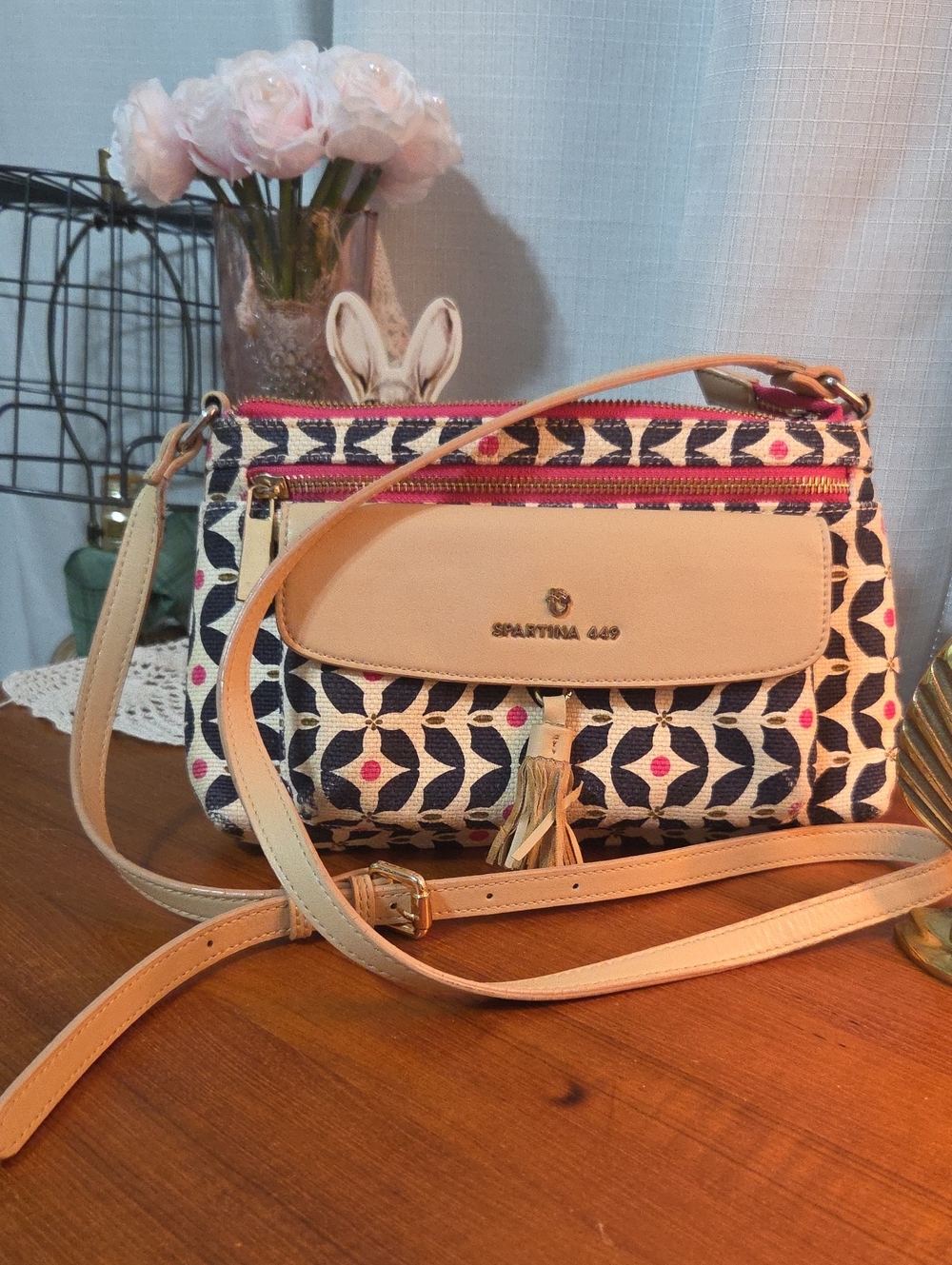 Spartina 449 Navy, Cream & Pink Patterned Crossbody Bag